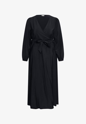 Musta pitkähihaisten kietaisumekko V-pääntiellä ja solmittavalla vyötärönauhalla, midimittainen ja kevyesti kerätyt hihansuut.