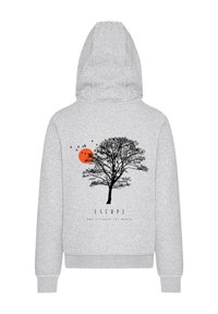 Gray hoodie featuring a black tree design, a red sun, and birds in flight, with the slogan "ESCAPE" below the graphic.