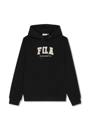 Schwarzer FILA Kapuzenpullover mit Fronttasche, beigem Logotext "FILA" und "ESTABLISHED 1911", Kordelzug und gerippten Bündchen und Saum.