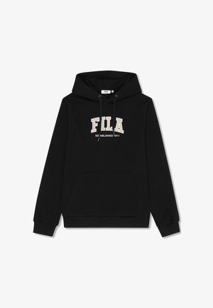 Felpa con cappuccio nera FILA con tasca frontale, scritta del logo beige "FILA" e "ESTABLISHED 1911", coulisse e polsini e orlo a costine.