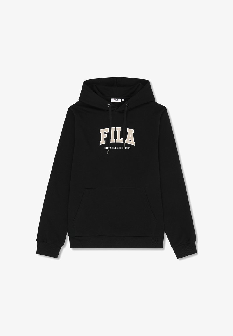 Zwarte FILA hoodie met voorzak, beige logo met de tekst "FILA" en "ESTABLISHED 1911", trekkoorden en geribbelde boorden en zoom.