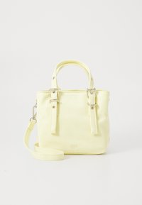 Sac à main en cuir jaune avec doubles poignées, sangle adjustable et accents en métal argenté. Forme compacte avec une texture lisse.