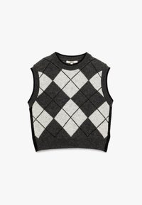 Jersey sin mangas en gris oscuro con un patrón de diamantes en negro y blanco. Textura de punto, cuello redondo y dobladillo acanalado.
