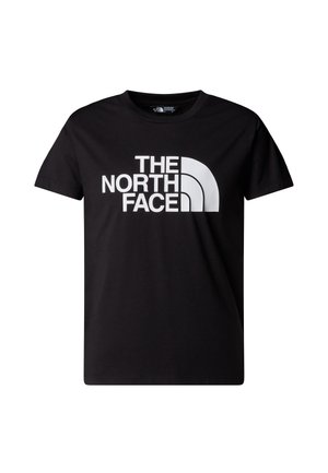 Fekete pamut póló nagy fehér logóval, amelyen az „THE NORTH FACE” felirat szerepel egy félkör alakú dizájnnal. Rövid ujjú, kerek nyakú.