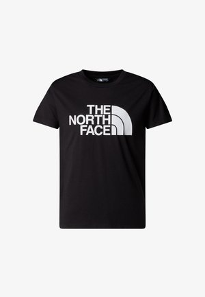 Svart bomulls-T-skjorte med stor hvit logo som lyder «THE NORTH FACE» med en halvsirkelutforming. Kortermet, rund hals.