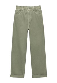 Pantalones de pana verde claro con un diseño de pierna recta, cinturilla elástica, cuatro bolsillos y puños doblados. Textura suave y sutil brillo.