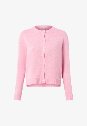 Roze cardigan gemaakt van een zachte gebreide stof, met een ronde halslijn, knoopsluiting aan de voorkant, geribde manchetten en een cropped lengte.