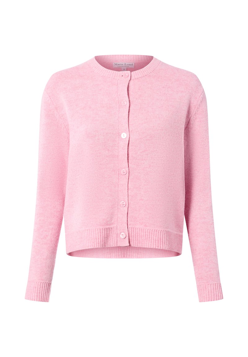 Roze cardigan gemaakt van een zachte gebreide stof, met een ronde halslijn, knoopsluiting aan de voorkant, geribde manchetten en een cropped lengte.