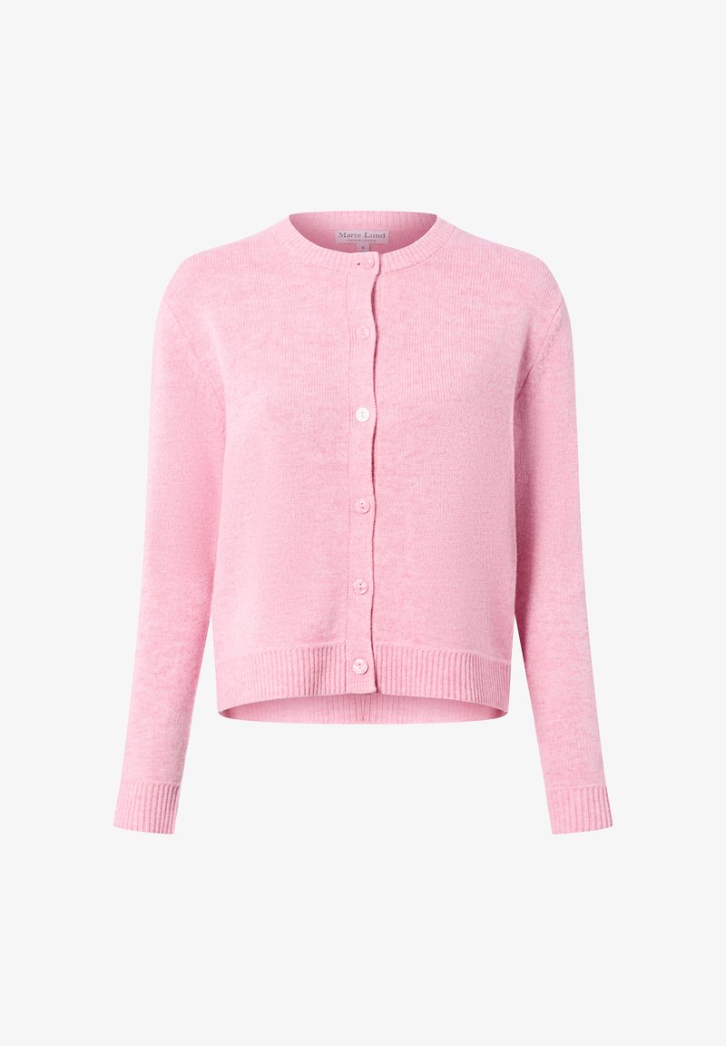 Roze cardigan gemaakt van een zachte gebreide stof, met een ronde halslijn, knoopsluiting aan de voorkant, geribde manchetten en een cropped lengte.