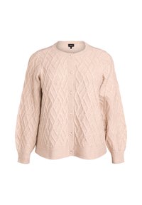 Bežs adīts kardigans ar teksturētu dimanta rakstu, apaļu apkakli, garām piedurknēm un priekšējo pogu aizdari.