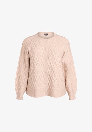 Beige strikket cardigan med et struktureret diamantmønster, rund halsudskæring, lange ærmer og knaplukning foran.