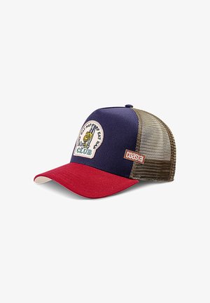 Navy blue cap with red brim and mesh back. Features a round patch with a bee graphic and text “EAT NAP MORE” above “CLUB.” Adjustable fit.