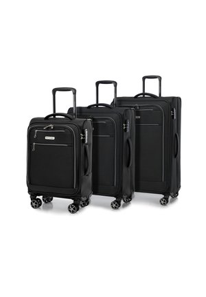 Three black wheeled suitcases in varying sizes feature textile material, multiple zippered compartments, and four spinner wheels each.
