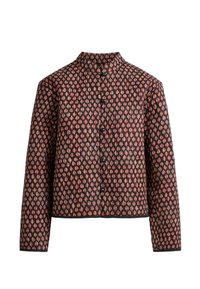 Veste noire à manches longues avec motif floral rouge et beige, col mandarin et boutons noirs sur le devant.