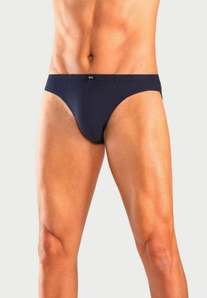 Navy blue men's brief made from soft fabric, featuring a thin elastic waistband with logo. Simple design with a snug fit.