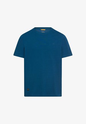 Donkerblauw T-shirt met korte mouwen van zacht stof, met een ronde hals, minimale branding en een klein logo op de borst.