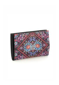 Portafoglio con motivo floreale, caratterizzato da una base in pelle nera, con fiori blu e rosa vivaci su un design a rombi, e un logo argento.