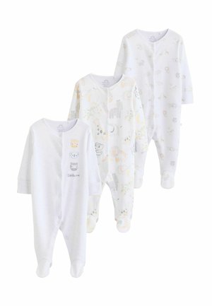 Drie witte baby-onesies met dierenprints, met drukknopen en lange mouwen.