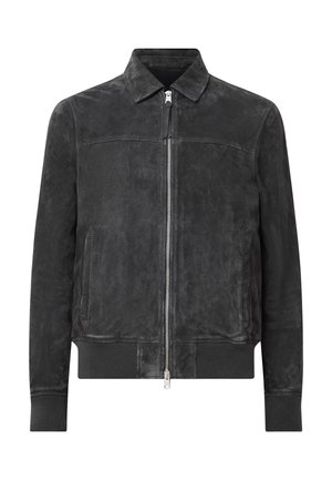 Schwarze Wildleder-Bomberjacke mit einem Frontreißverschluss, zwei seitlichen Taschen und gerippten Bündchen sowie Saum. Verfügt über ein klassisches Kragen-Design.