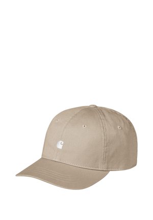 Gorra de béisbol de algodón beige con visera curva, logo bordado en la parte frontal y seis ojales de ventilación. Acentos de costura plana.