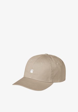 Gorra de béisbol de algodón beige con visera curva, logo bordado en la parte frontal y seis ojales de ventilación. Acentos de costura plana.
