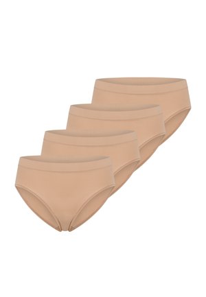 Vier beige dameshoge slips in een verspringende stapel op een witte achtergrond.