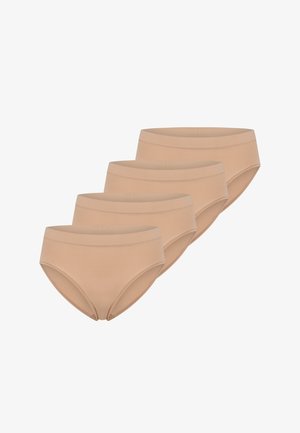 Fire beige kvindelige trusser med høj talje arrangeret i en forskudt stak på en hvid baggrund.