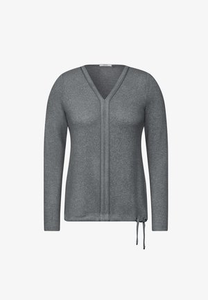Szary sweter z długim rękawem z dekoltem w kształcie V, z teksturowanym wykończeniem oraz regulowanymi sznurkami po bokach dla lepszego dopasowania. Miękki materiał o luźnym kroju.