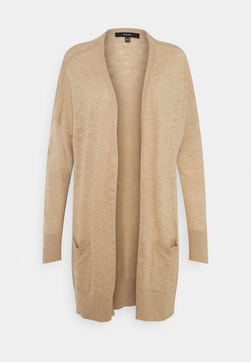 Cardigan long beige ouvert à l'avant avec deux poches frontales et poignets et ourlet côtelés, fabriqué en tissu tricoté léger.
