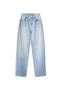 Light blue denim jeans with a loose fit, featuring a gradient of black studs along the outer seams and pockets. Classic five-pocket design.