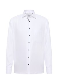 Witte lange mouwen shirt met een subtiele textuur, zwarte knopen, een puntige kraag en een borstzak aan de linkerkant.