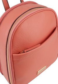 Compact roze leren rugzak met een ronde vorm, dubbele ritsen en een voorvak met een gouden hardware accent.