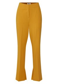 Pantalones amarillos ajustados con cintura alta, que presentan una cremallera frontal, piernas anchas y un ligero dobladillo acampanado para un look estructurado.