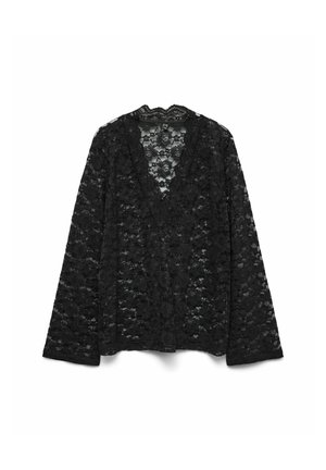 Cardigan en dentelle noire avec un décolleté en V, des manches longues, des motifs floraux élaborés et une texture légère et transparente.