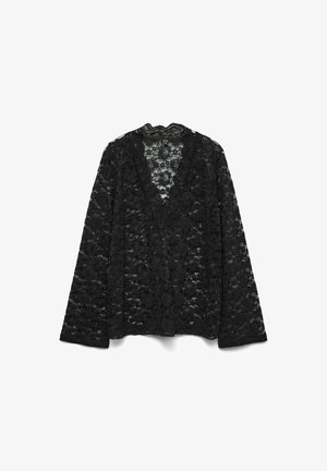 Czarny koronkowy kardigan z dekoltem w serek, długimi rękawami, misternymi kwiatowymi wzorami oraz lekką, przezroczystą teksturą.