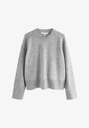 Light gray crewneck sweater with ribbed cuffs, hem, and shoulders, made of soft knit fabric, shown against a white background.