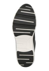 Schwarze Gummisohle mit weißen horizontalen Rillen und vertikalen Akzenten; verfügt über eine abgerundete Form und eine strukturierte Oberfläche für besseren Halt.