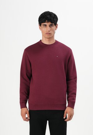 Man met kort zwart haar in een eenvoudige bordeauxrode sweatshirt en zwarte broek, staand tegen een witte achtergrond, recht vooruit kijkend.