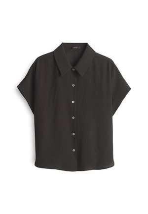 Short-sleeve, collared shirt in dark gray, made of textured fabric. Features buttons in a lighter shade and a relaxed fit.