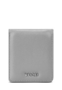Gray leather wallet with a smooth texture, featuring a front logo embossing and neat stitching along the edges. Compact rectangular design.