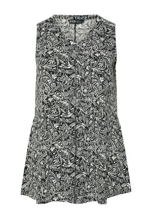 Top negro sin mangas con estampado blanco de flores y hojas, escote en V y ajuste suelto y fluido.