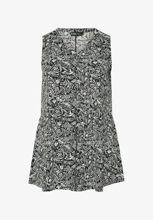 Top negro sin mangas con estampado blanco de flores y hojas, escote en V y ajuste suelto y fluido.