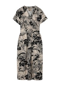 Robe portefeuille beige et noire à imprimé floral, manches courtes et ceinture en tissu assorti à la taille, longueur genoux.