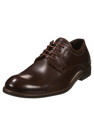 Chaussure habillée pour homme en cuir marron avec fermeture à lacets et détails de couture subtils, présentant un talon bas et un embout légèrement pointu.