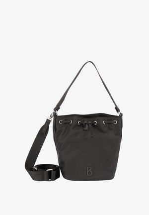 Sort nylon bøtte taske med snørelukning, sølvfarvet hardware og en aftagelig rem. Har prægede "B"-logo på forsiden.