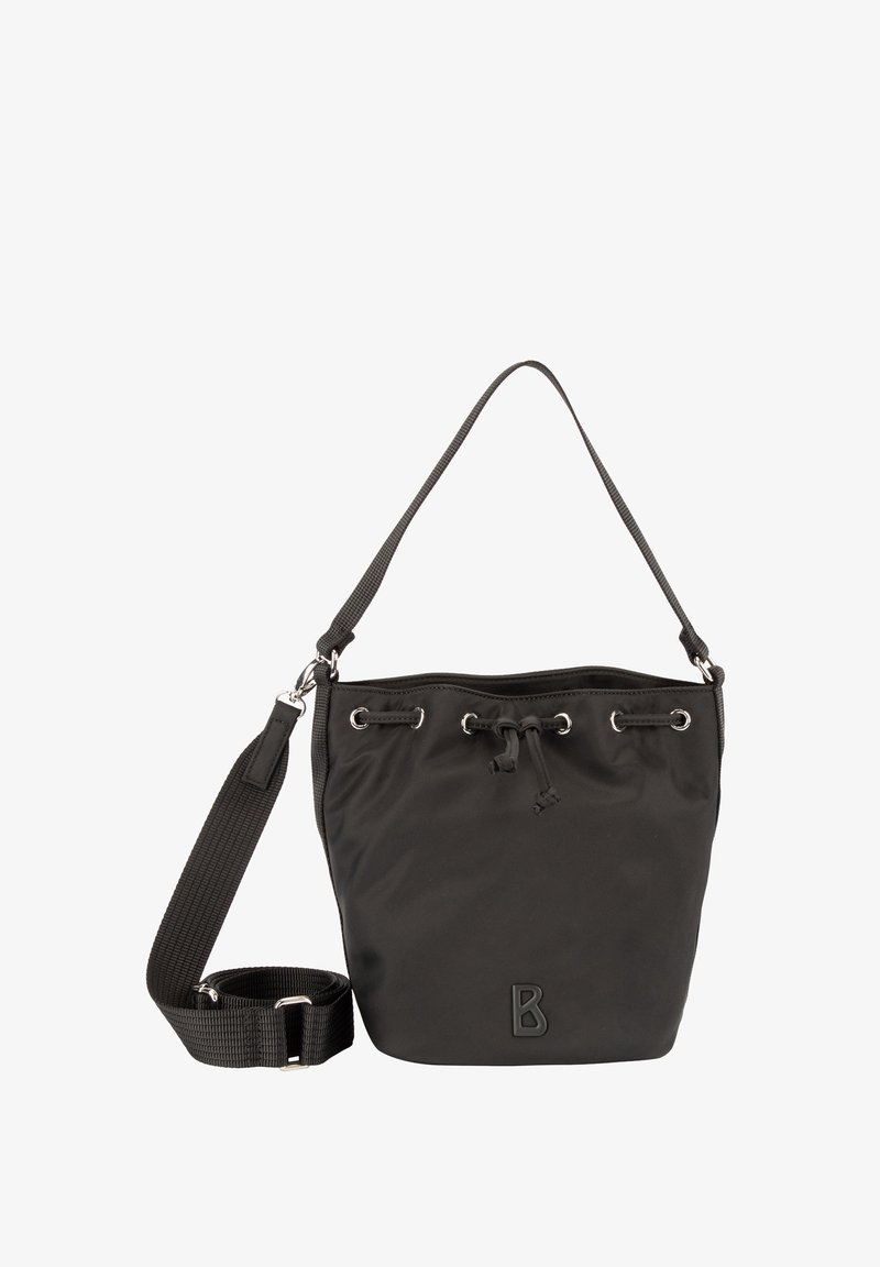 Zwarte nylon buckettas met een trekkoordsluiting, zilveren accenten en een afneembare riem. Voorzien van een geperst "B"-logo aan de voorkant.