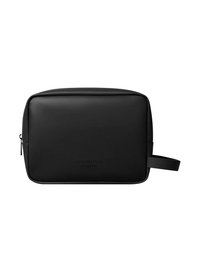 Black rectangular toiletry bag made of smooth synthetic material, featuring a zip closure and a side handle for easy carrying.