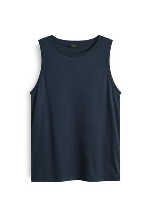 Navy blue sleeveless tank top made from smooth fabric. Features a rounded neckline and clean, stitched edges without embellishments.