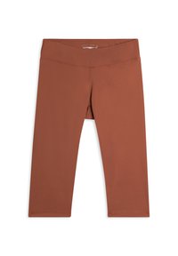 Leggings marrones recortados hechos de tela lisa y elástica con una cinturilla ancha. Construcción sin costuras y sin patrones ni acentos visibles.