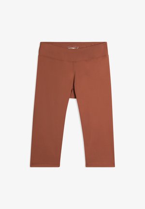 Leggings marroni corti realizzati in tessuto liscio ed elastico con una fascia larga in vita. Costruzione senza cuciture e senza motivi o accenti visibili.